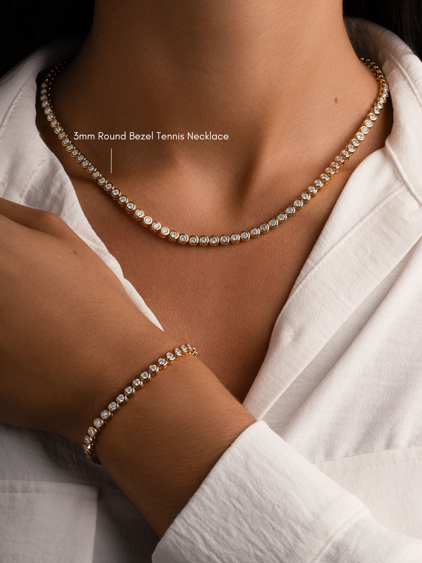 Gold 3mm round bezel tennis bracelet by Sami Jewels featuring a sleek, elegant design with evenly spaced round bezels.