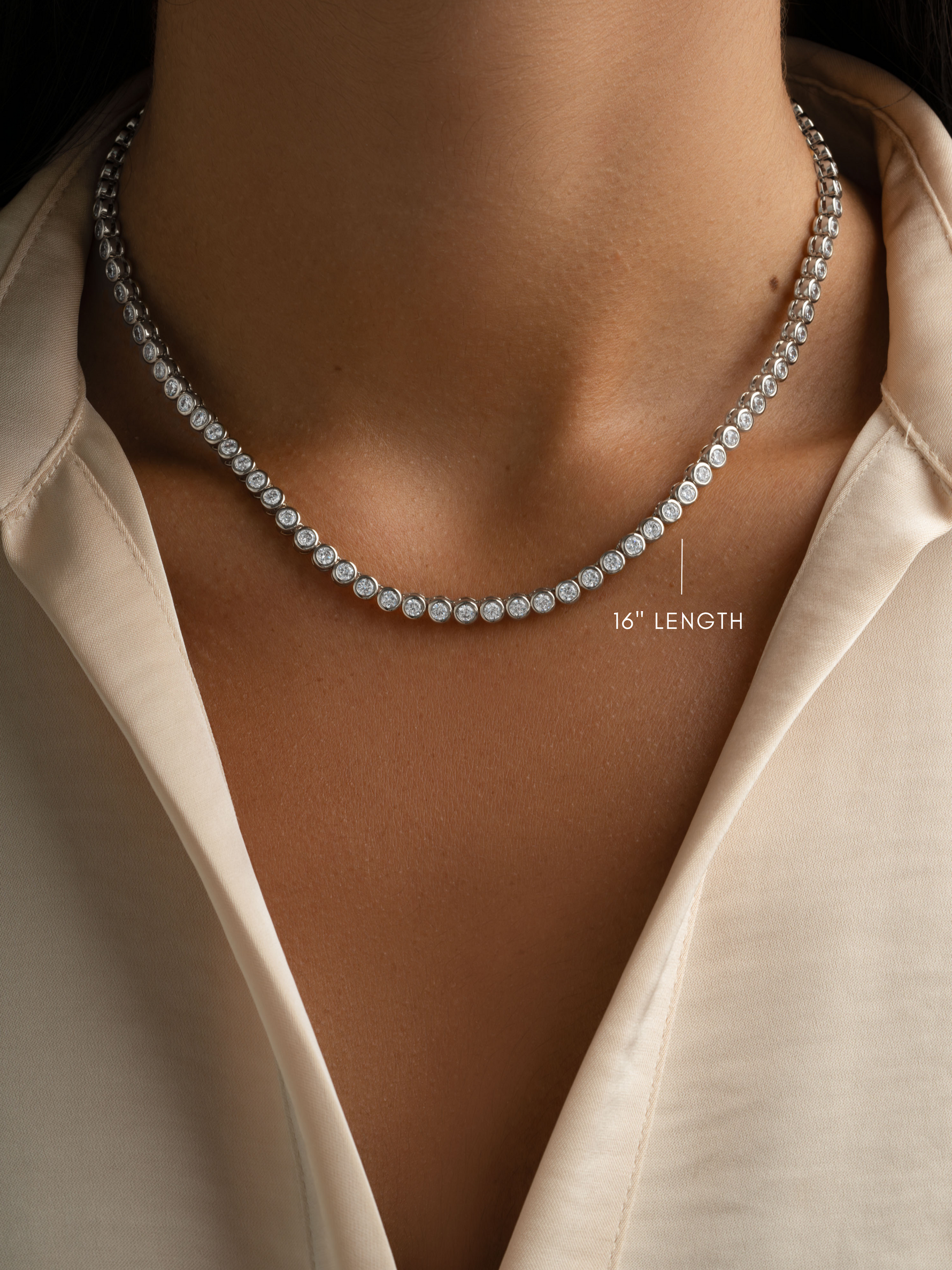 Silver 18-inch 3mm round bezel tennis necklace by Sami Jewels, featuring a sleek, elegant design with evenly spaced round beads.