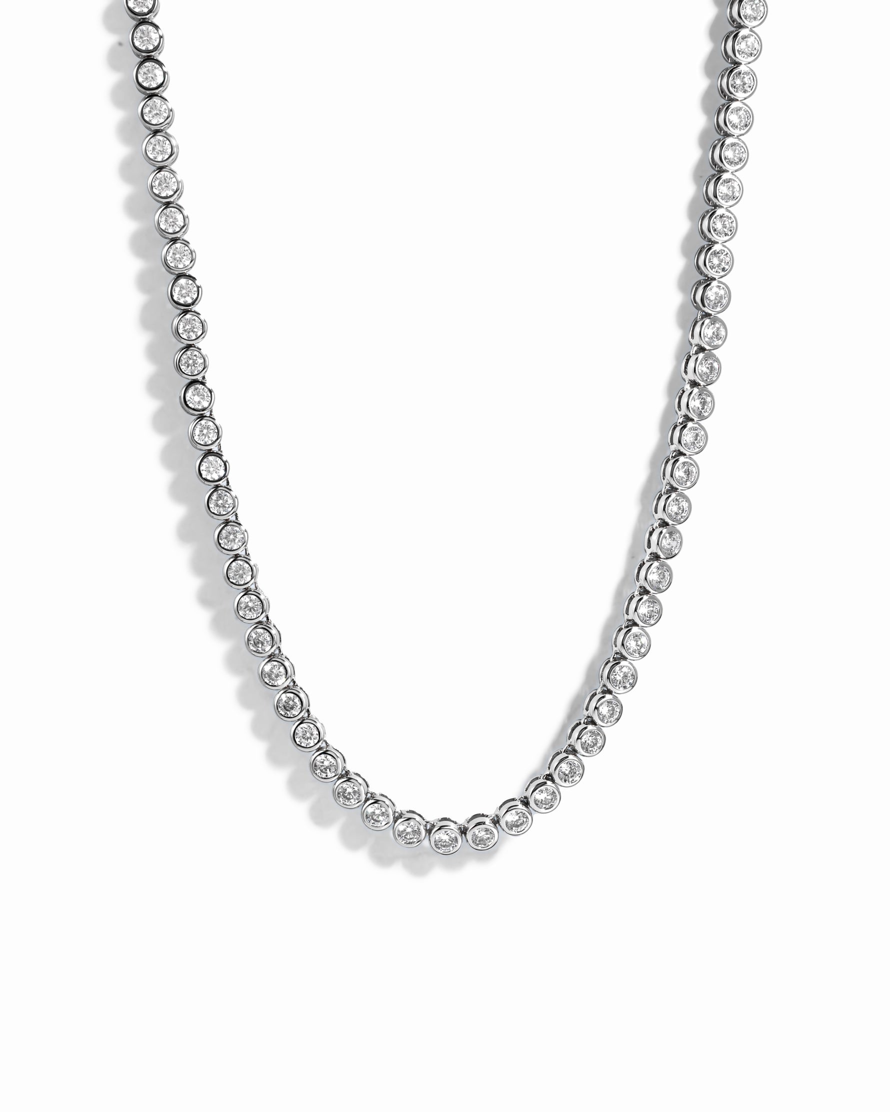 Silver 3mm round bezel tennis necklace by Sami Jewels, featuring a sleek chain with evenly spaced round bezel settings.