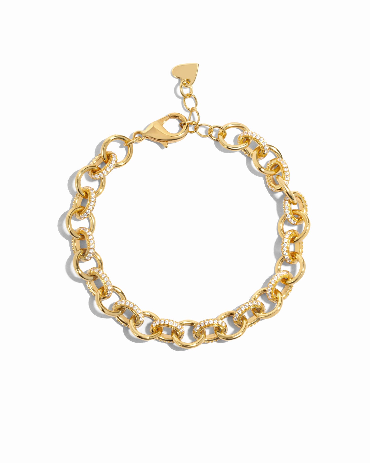 Gold Sami Jewels round pave link chain bracelet shown on white background, featuring sparkling pave-set round links.