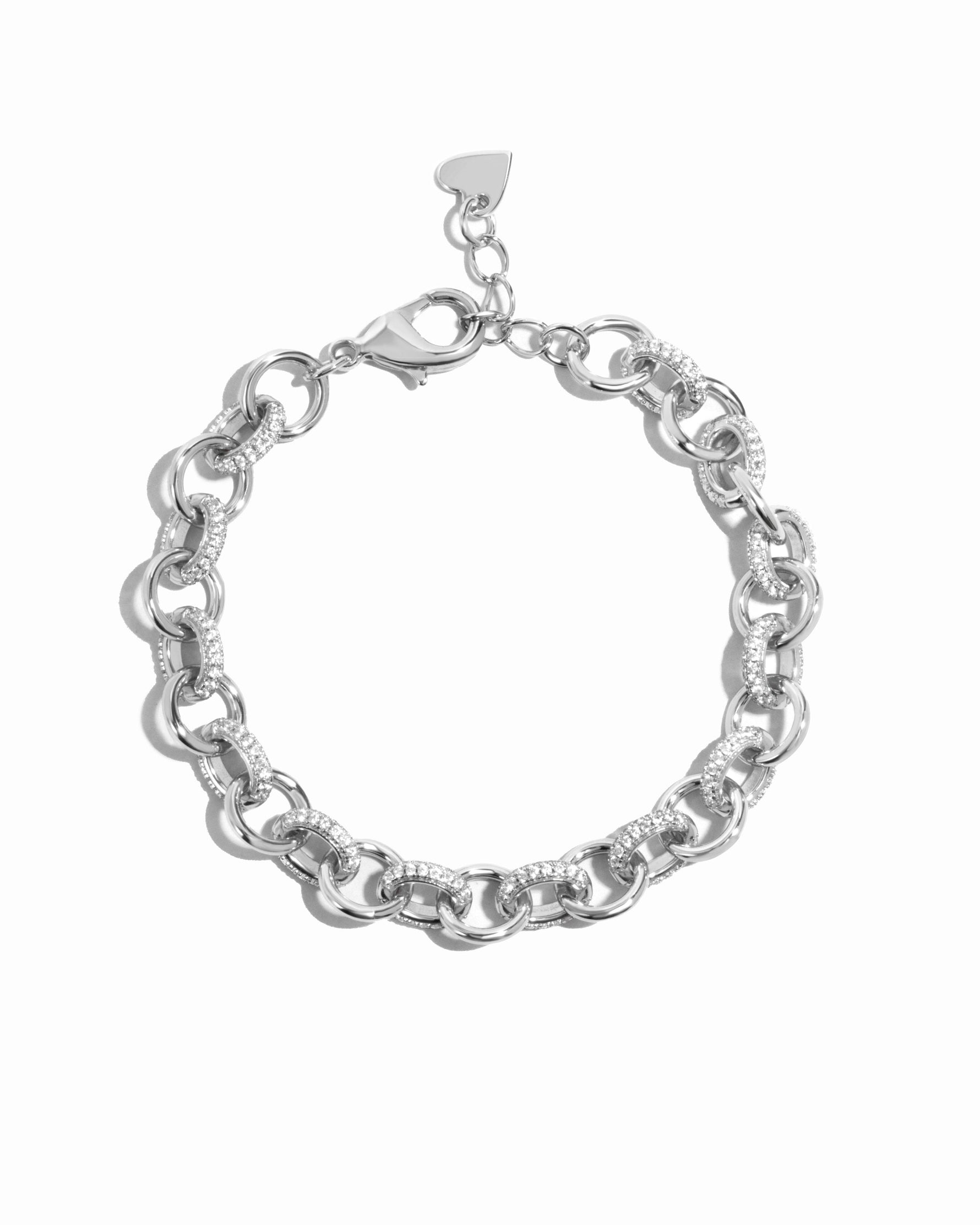 Silver Sami Jewels round pave link bracelet with sparkling chain links on a white background.