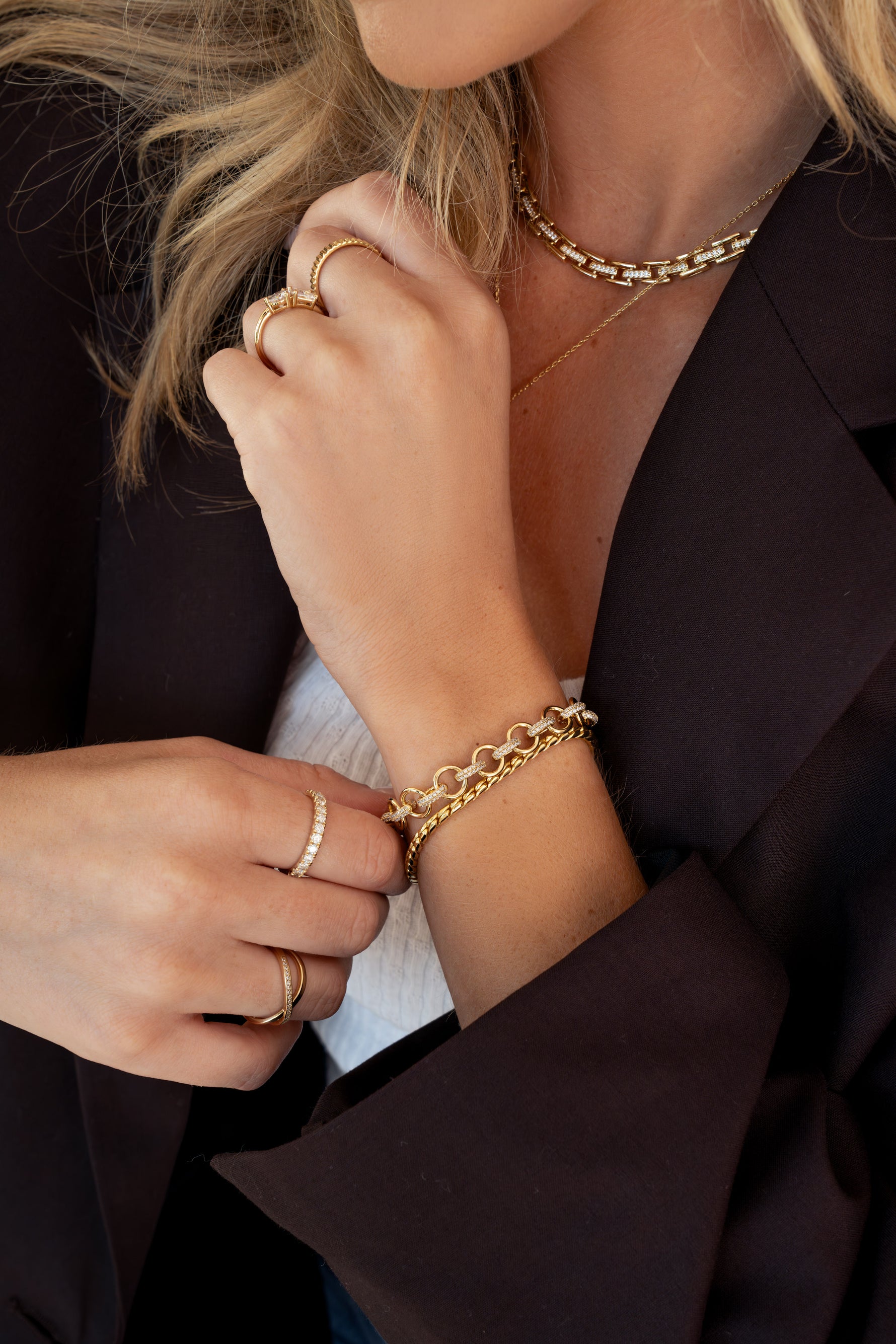 Gold Sami Jewels Round Pave Link Bracelet with sparkling pave details on round links, worn on a model's wrist.