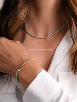 Round turquoise tennis necklace by Sami Jewels featuring a gold chain and matching bracelet with polished turquoise stones.