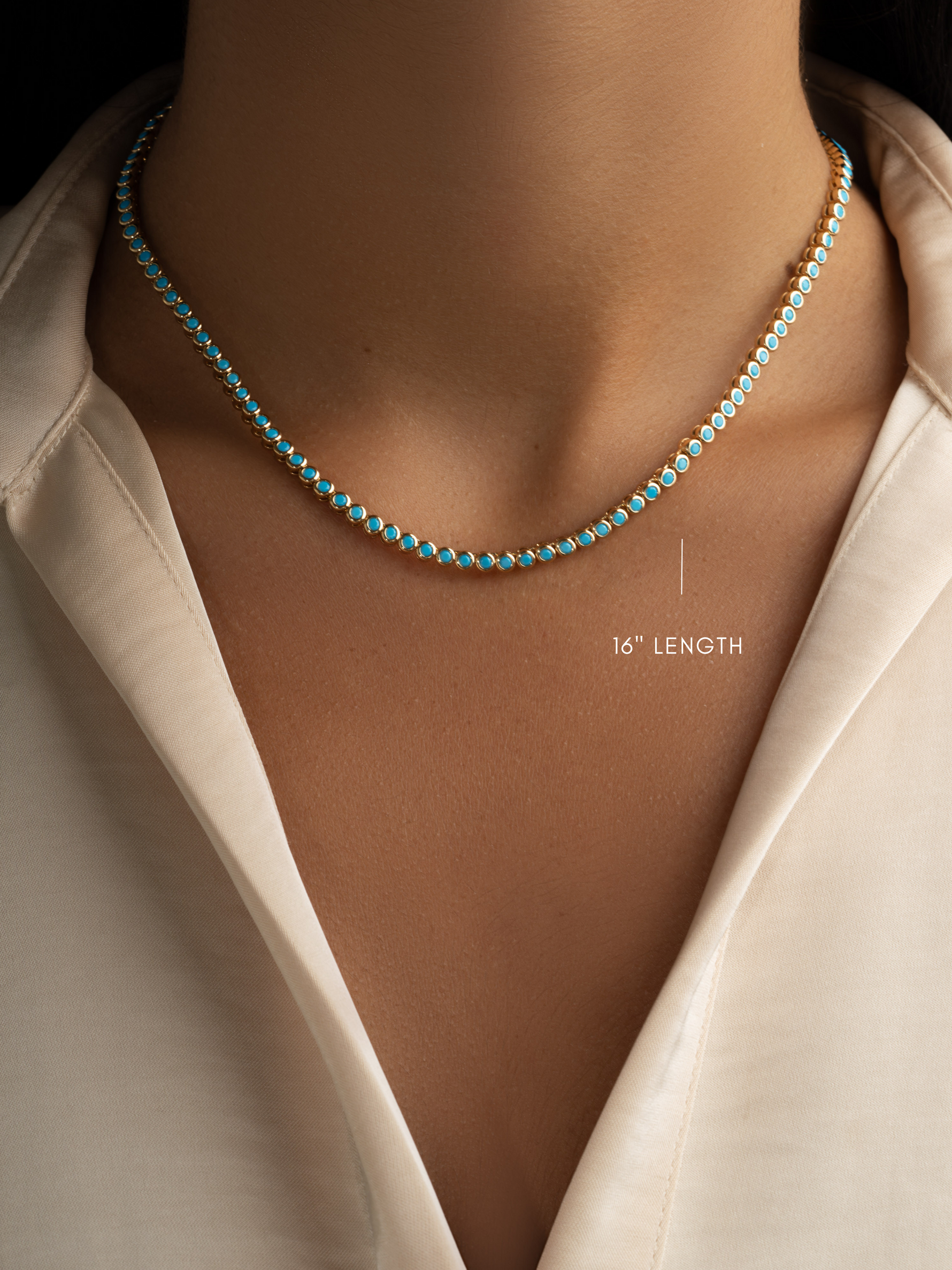 Gold round turquoise tennis necklace by Sami Jewels featuring a row of polished turquoise stones on a delicate chain.