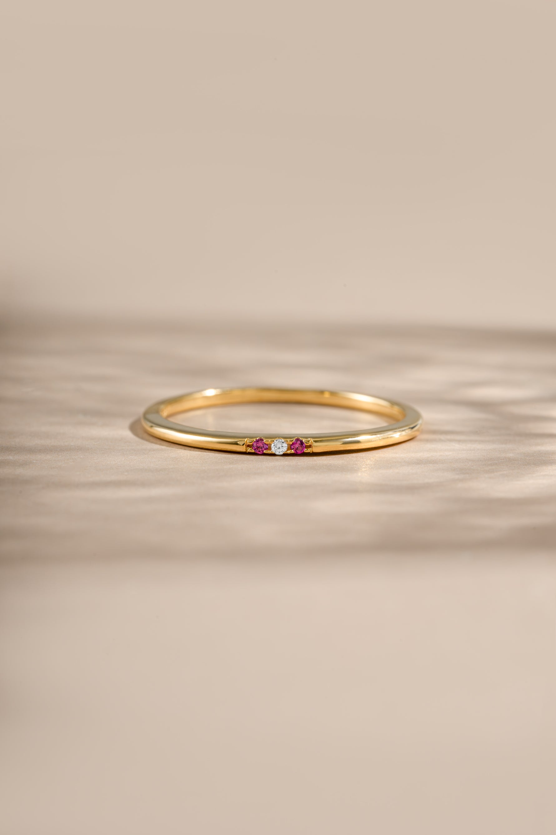 ruby 3 stone stacking ring in gold front view