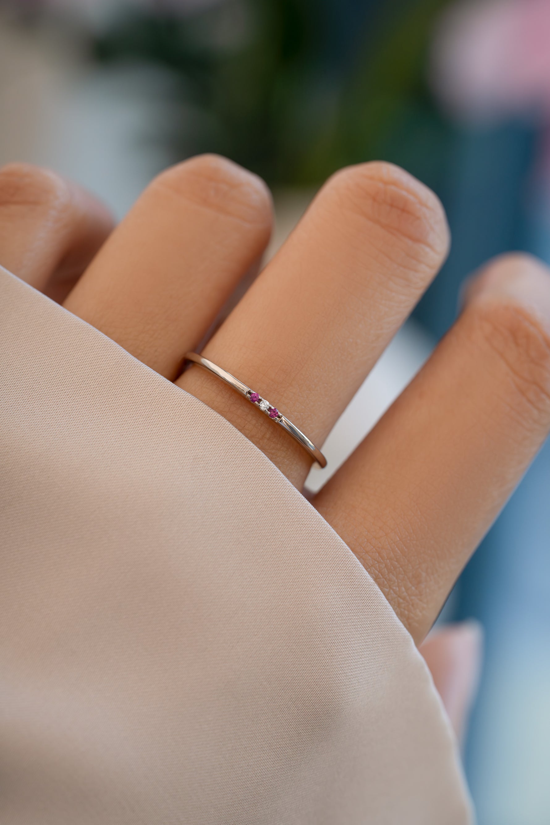 ruby 3 stone stacking ring in sterling silver on model