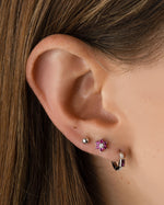 Sterling silver Ruby Baguette Huggie Earrings with sparkling ruby stones, designed by Sami Jewels for elegant everyday wear.