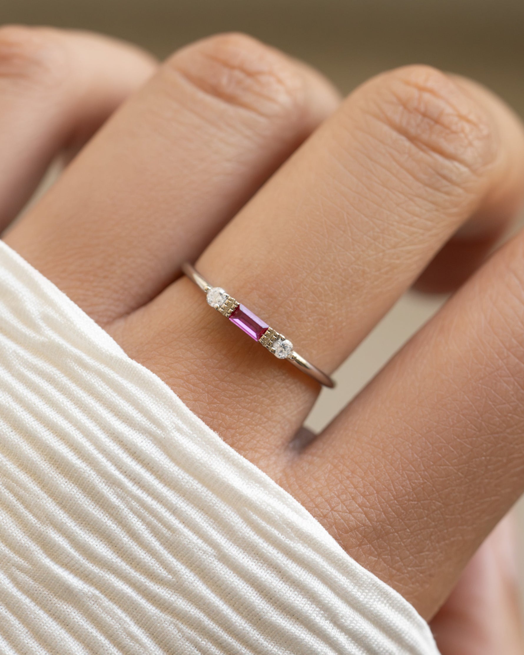 Sterling silver Ruby Baguette Ring from Sami Jewels featuring a vibrant rectangular-cut ruby gemstone.