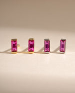 Gold and sterling silver Ruby Baguette Stud Earrings by Sami Jewels featuring sparkling rectangular rubies and sleek earring design.