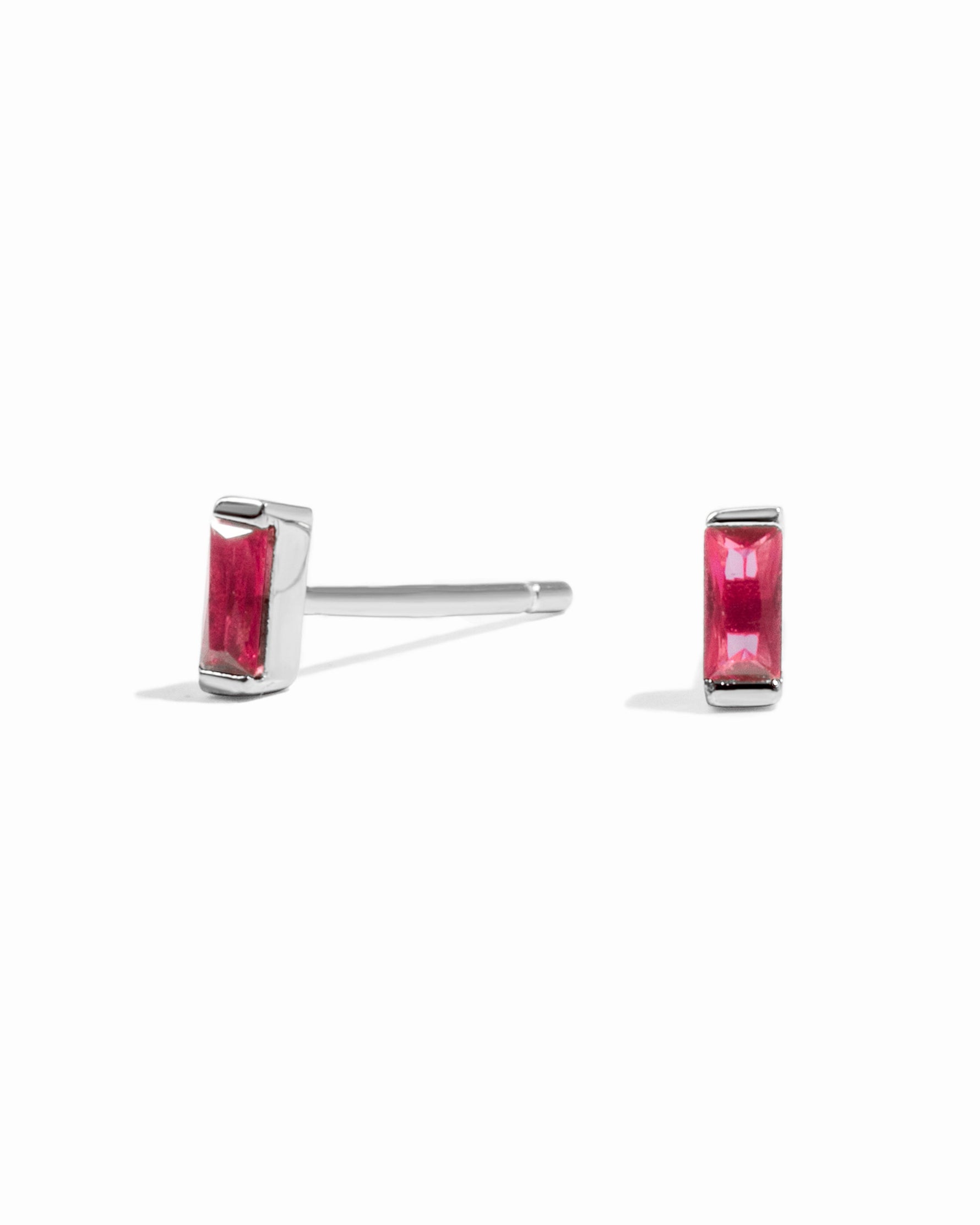 Sterling silver Ruby Baguette Stud Earrings by Sami Jewels featuring vibrant rectangular ruby gemstones.