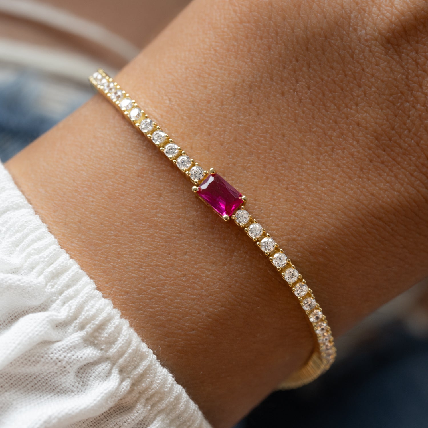 Tennis Bracelet with Ruby Baguette Charm