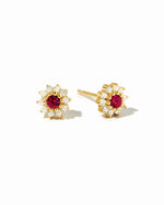 Gold Ruby Dainty Flower Stud Earrings by Sami Jewels displayed on a white background.