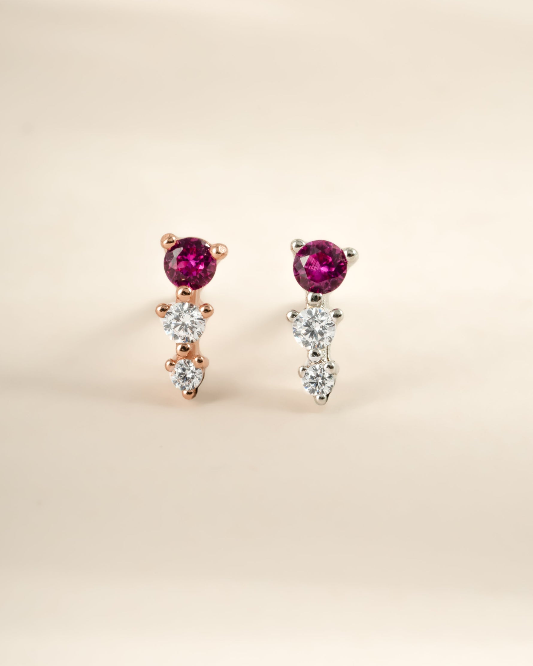 Rose gold and sterling silver Ruby and Diamond Ear Climber earrings with a sleek, curved design from Sami Jewels.
