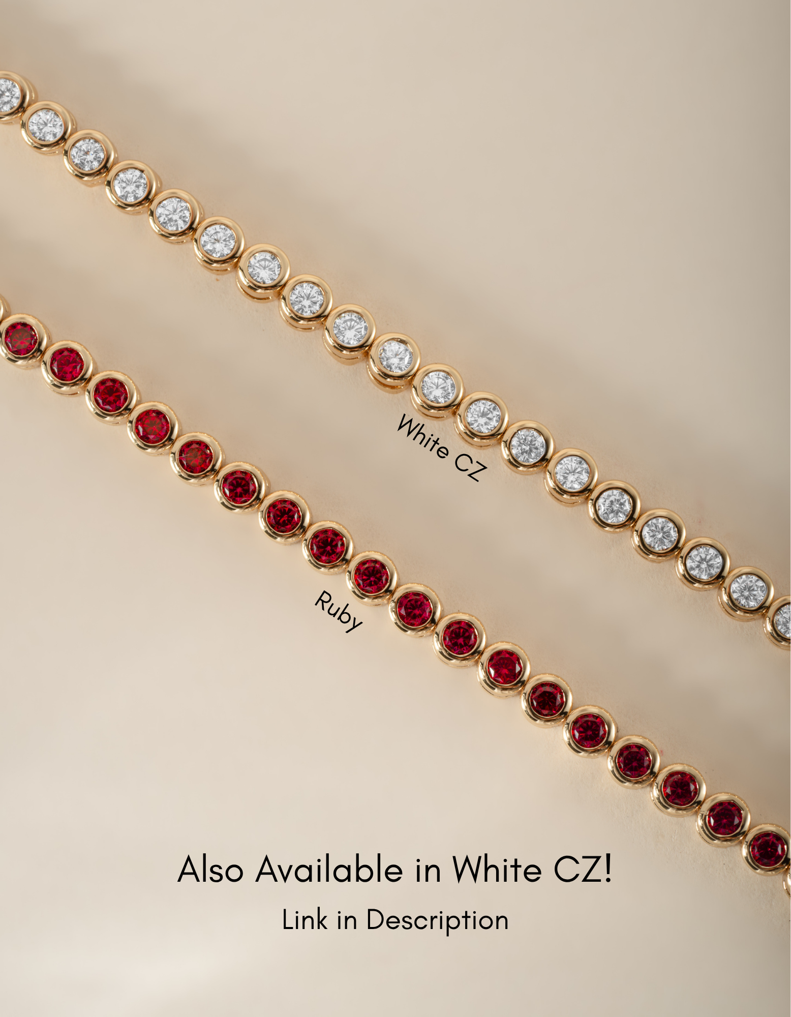 Sami Jewels Ruby Bezel Tennis Necklace featuring vibrant red rubies set in a sleek tennis necklace design.