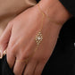 model wearing gold adjustable hand chain bracelet