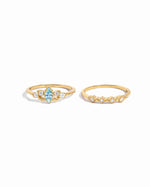 gold aquamarine ring set, one ring with aquamarine marquise stone and cz stones surrounded, and a thin cz stacking ring