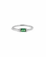 closeup image of sterling silver baguette ring with an emerald stone