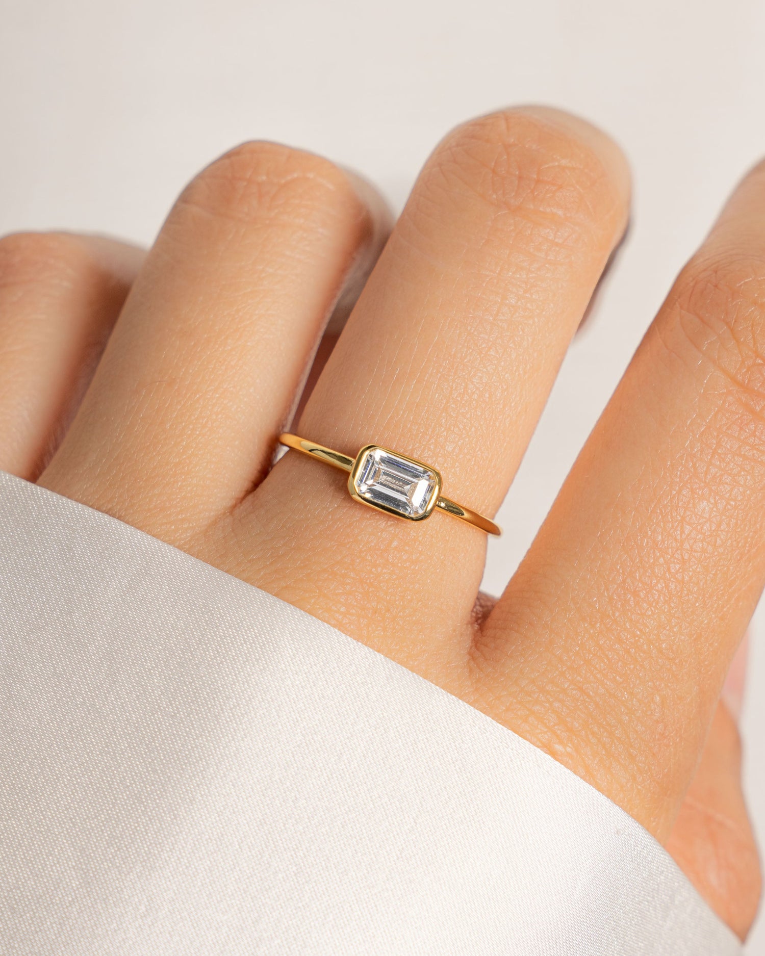 gold baguette bezel set ring on model
