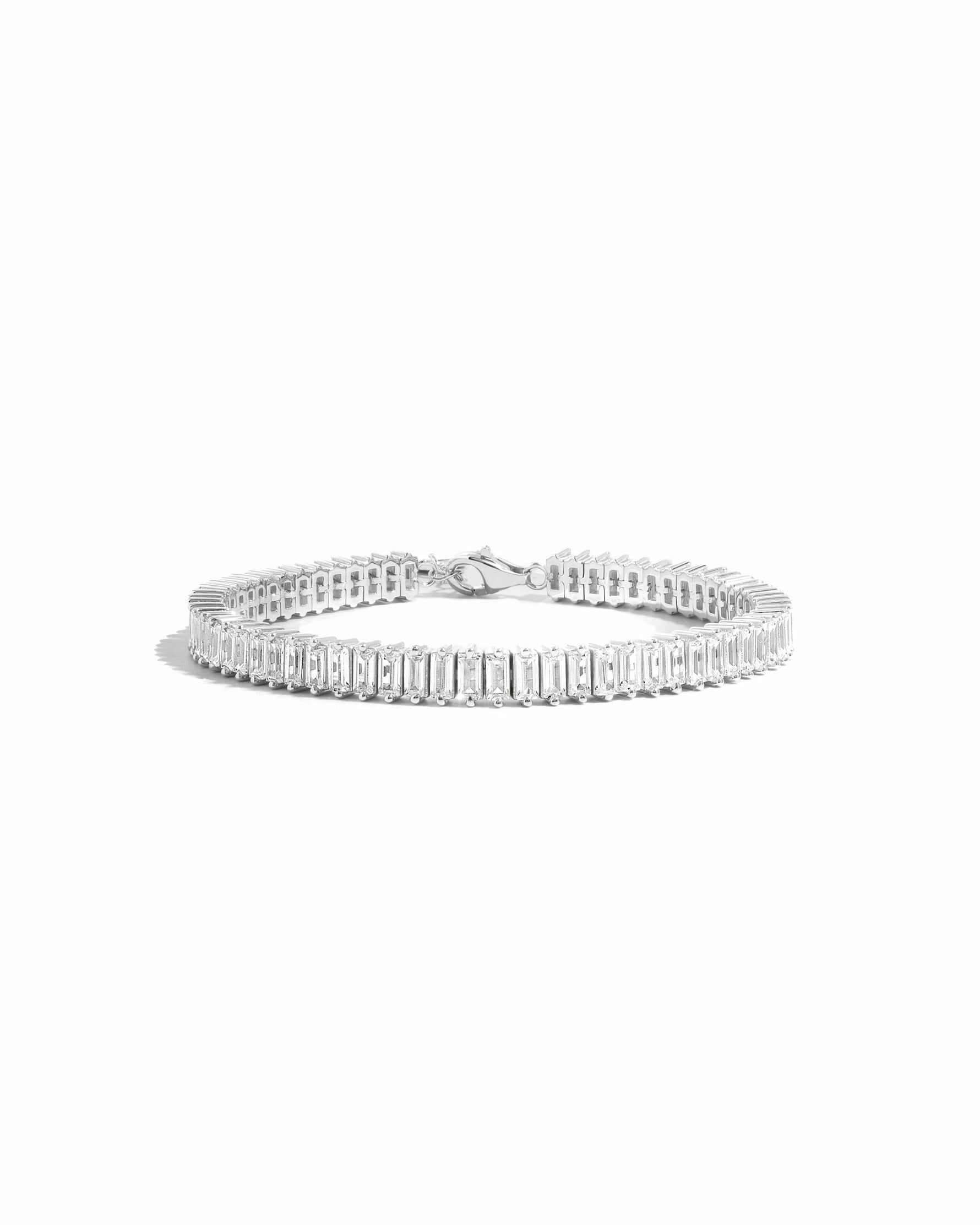 Closeup image of silver tennis bracelet