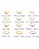 Birthstone chart with simple baguette rings on a white background