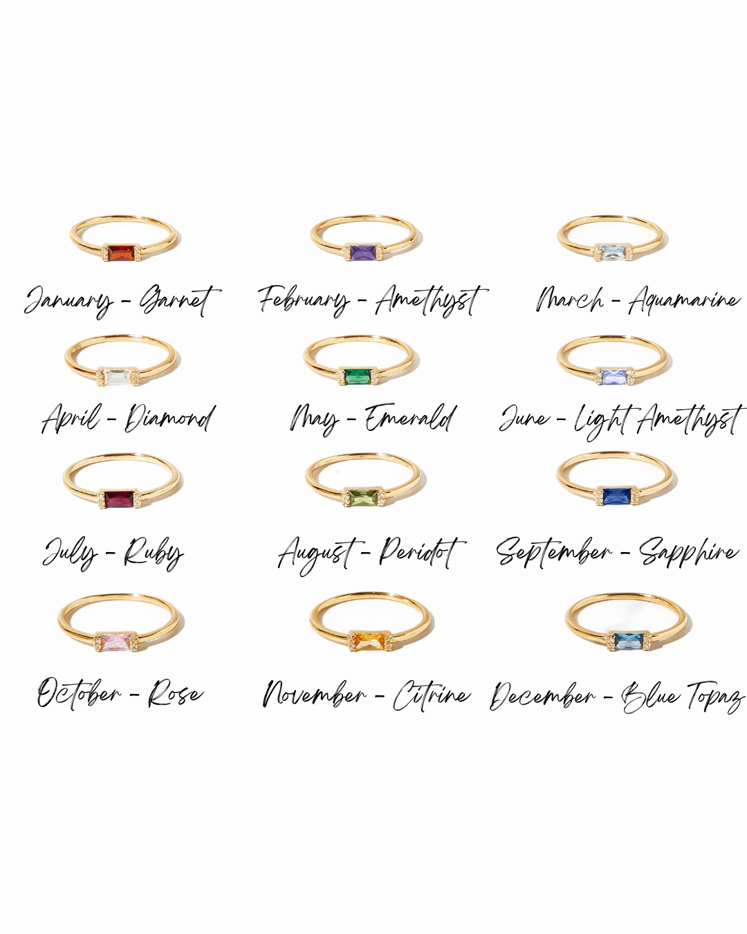 Birthstone chart with simple baguette rings on a white background