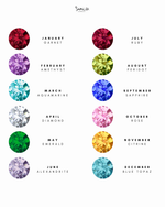 gemstone chart offering the birthstone colors we offer including garnet, amethyst, aquamarine, diamond, emerald, alexandrite, ruby, peridot, sapphire, rose, citrine and blue topaz