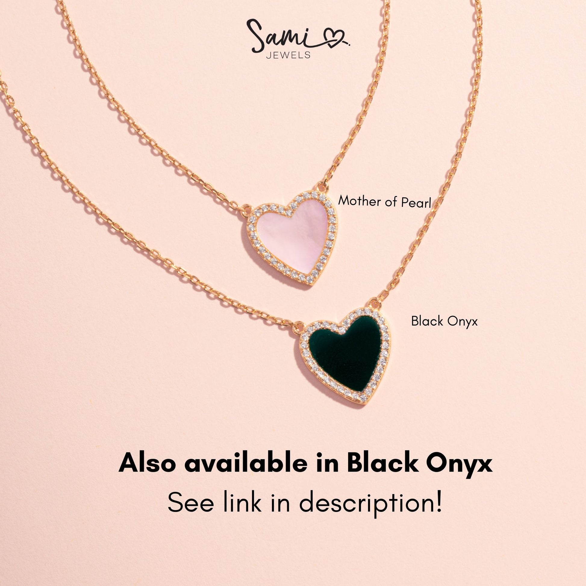 infographic of the mother of pearl and black onyx style variations available for this heart pendant necklace