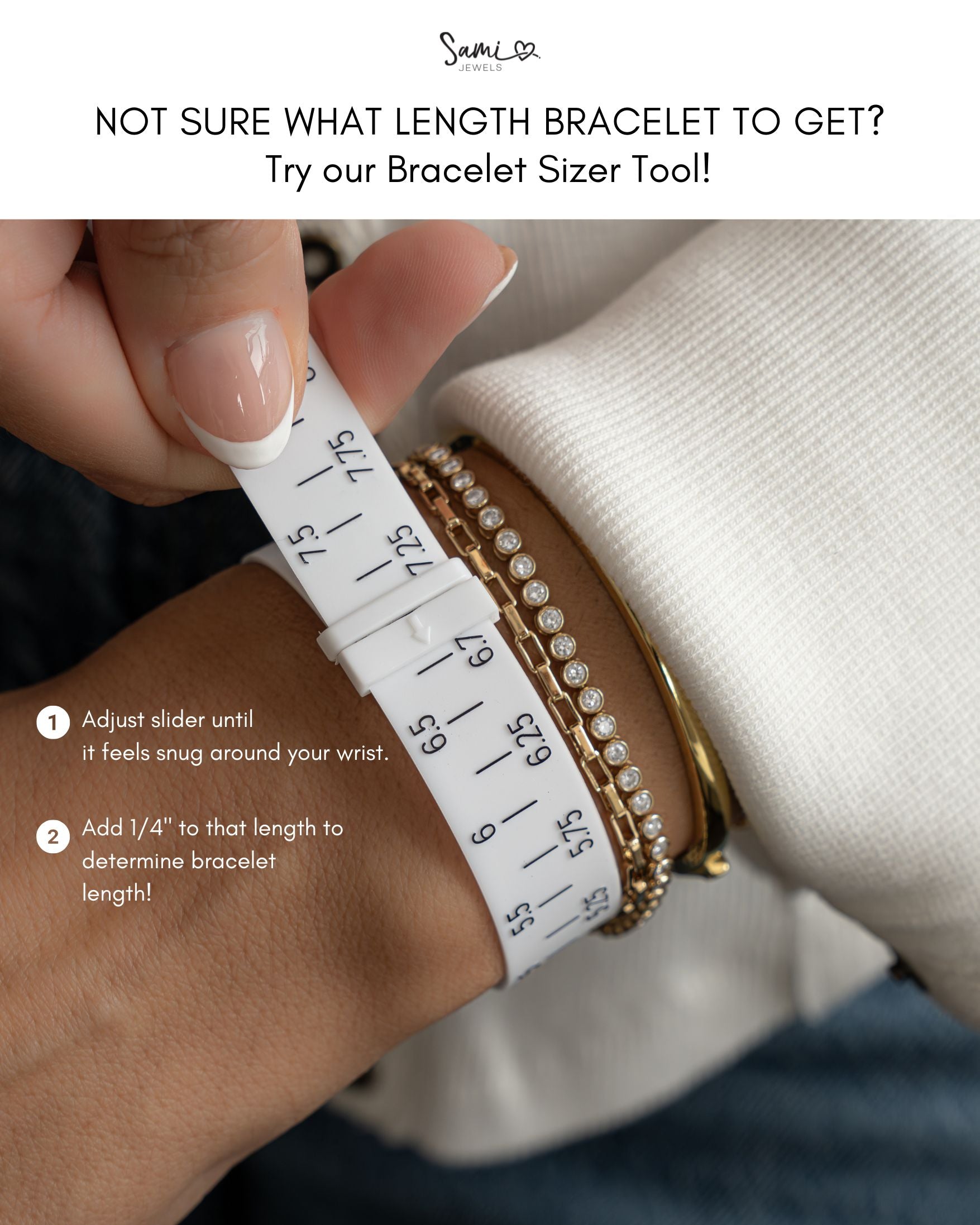 Bracelet sizer tool being used on a wrist with text instructions on how to use