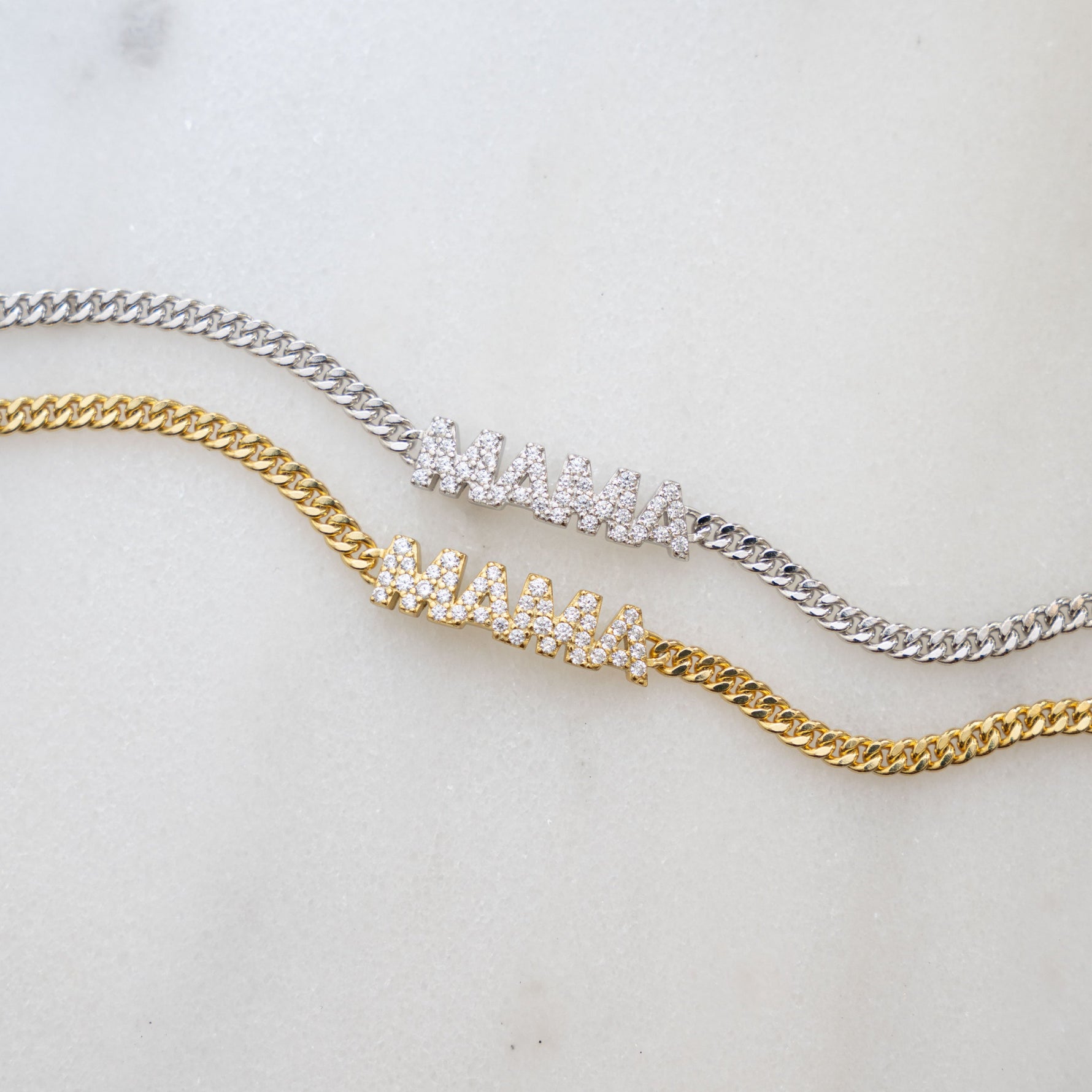 Gold chain bracelet and silver chain bracelet with MAMA charm 