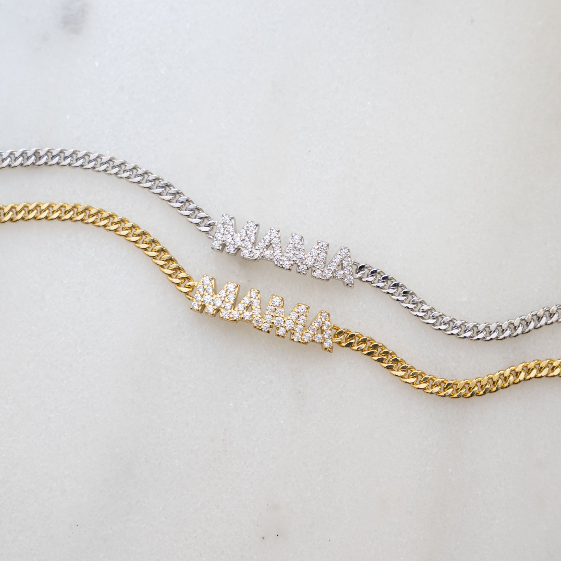 Gold chain bracelet and silver chain bracelet with MAMA charm 