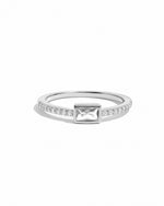 closeup image of sterling silver baguette ring pave stones
