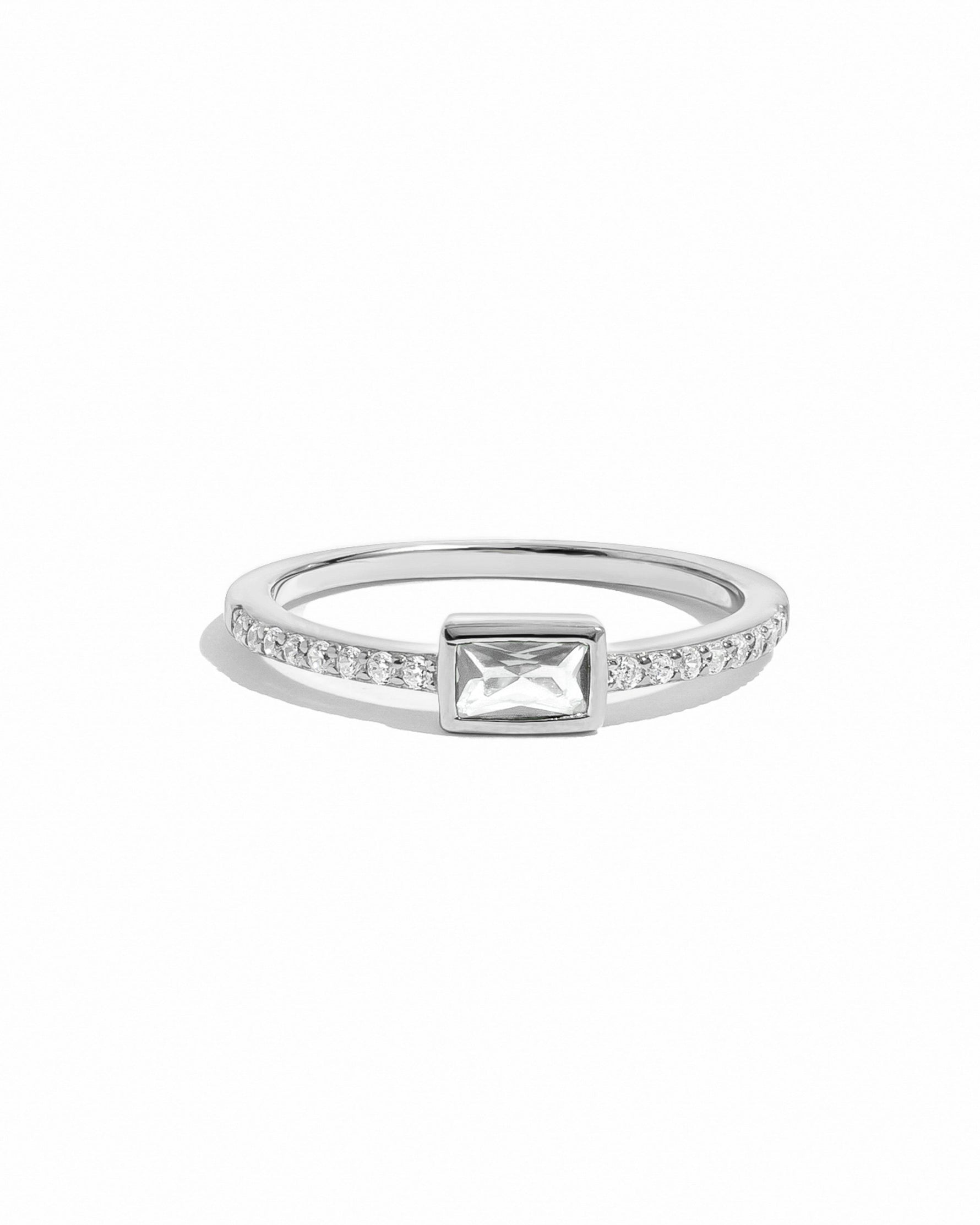 closeup image of sterling silver baguette ring pave stones