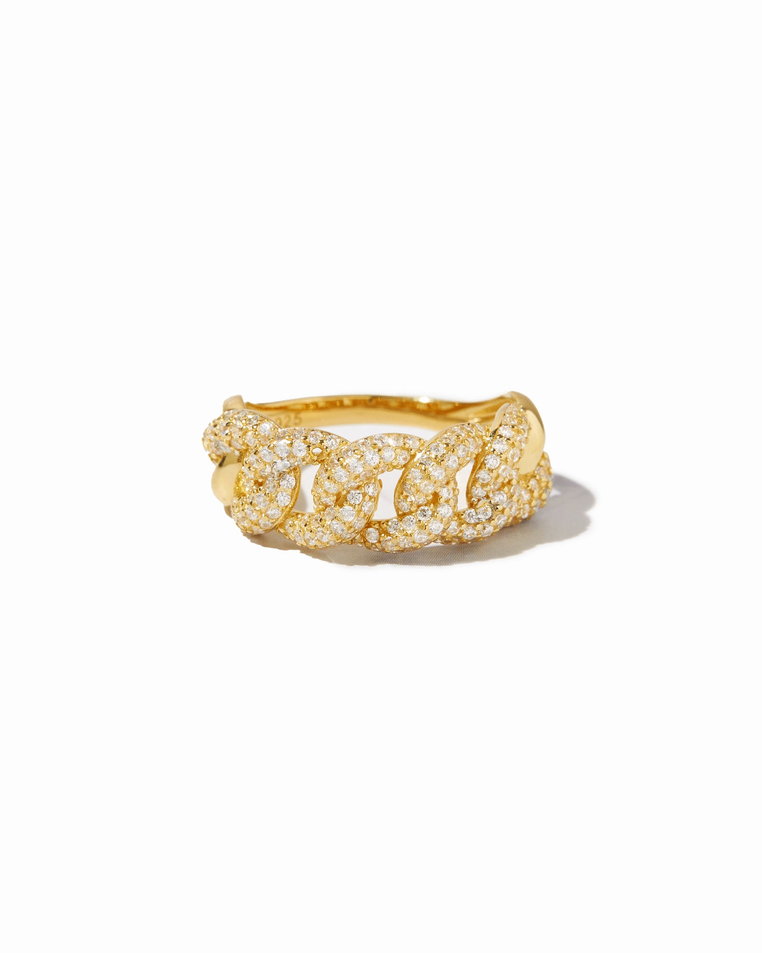 closeup image of chunky gold chain ring with pave cz stones