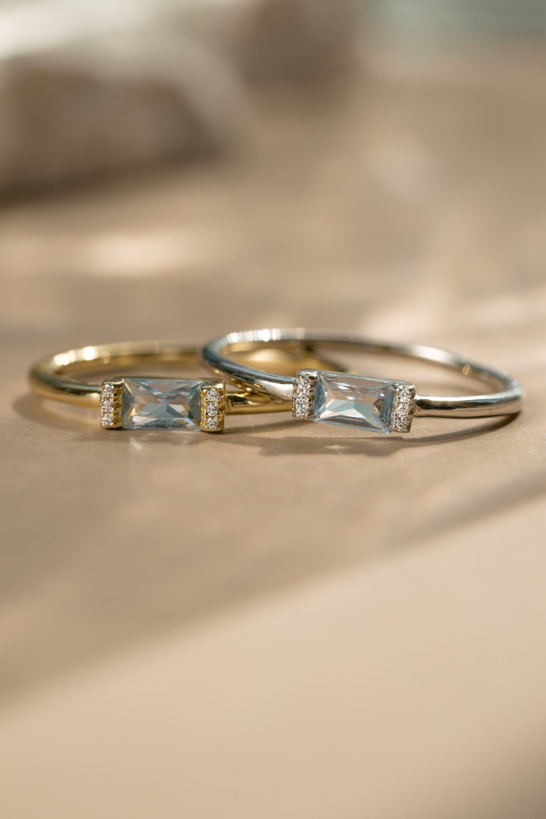Gold baguette ring and matching sterling silver gemstone birthstone ring