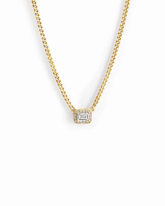 gold necklace with halo emerald cut necklace