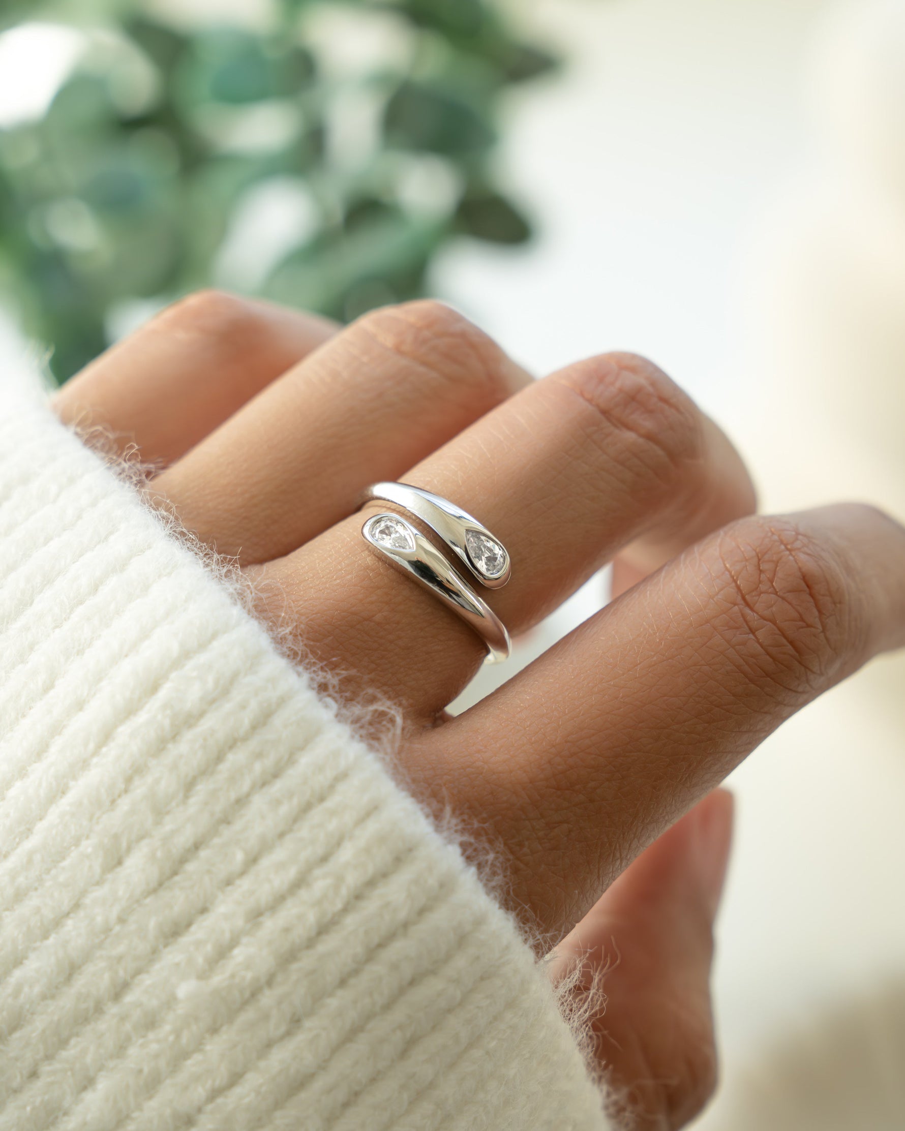 Sterling silver open stacking ring on models hand