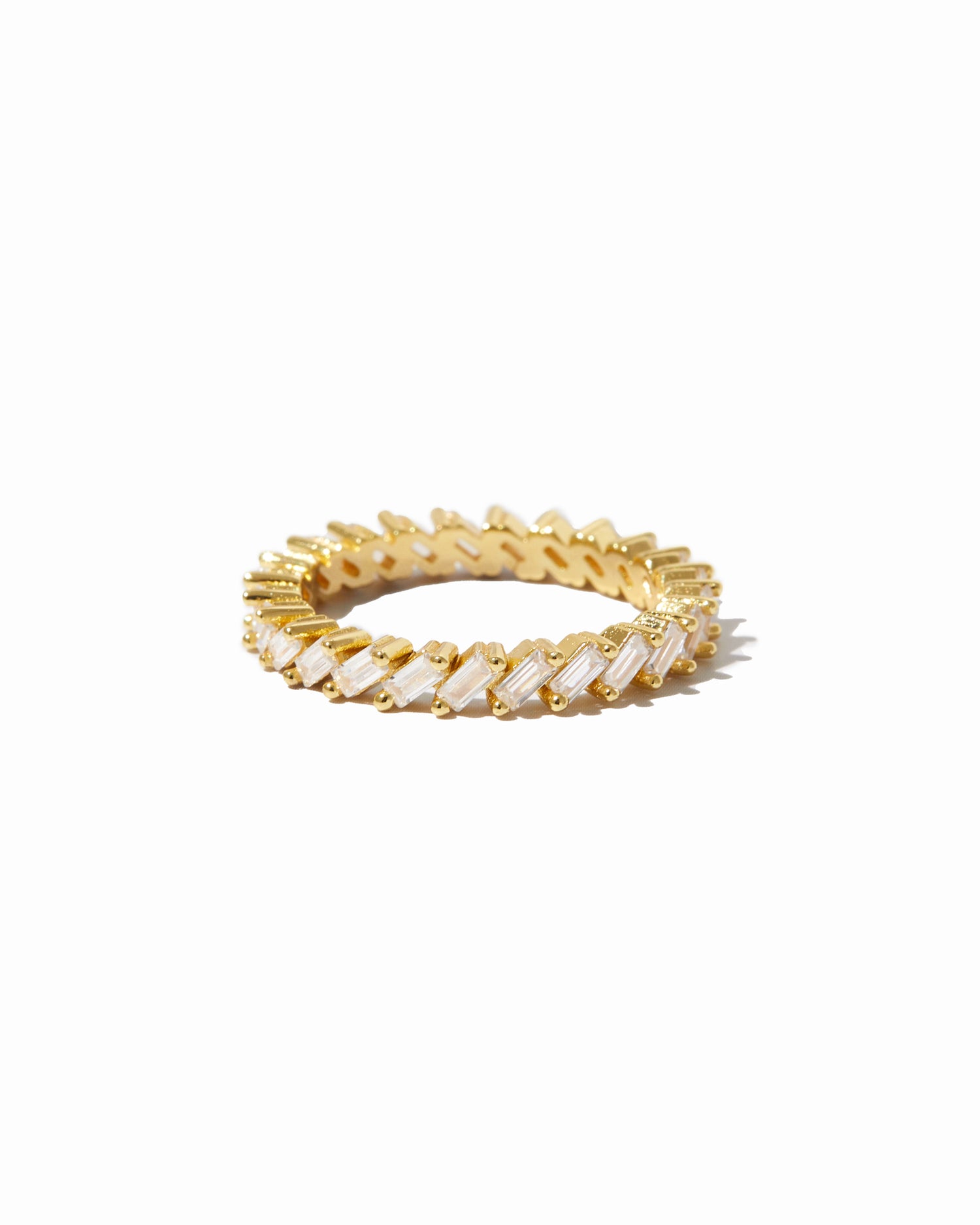 closeup image of slanted stackable baguette eternity ring