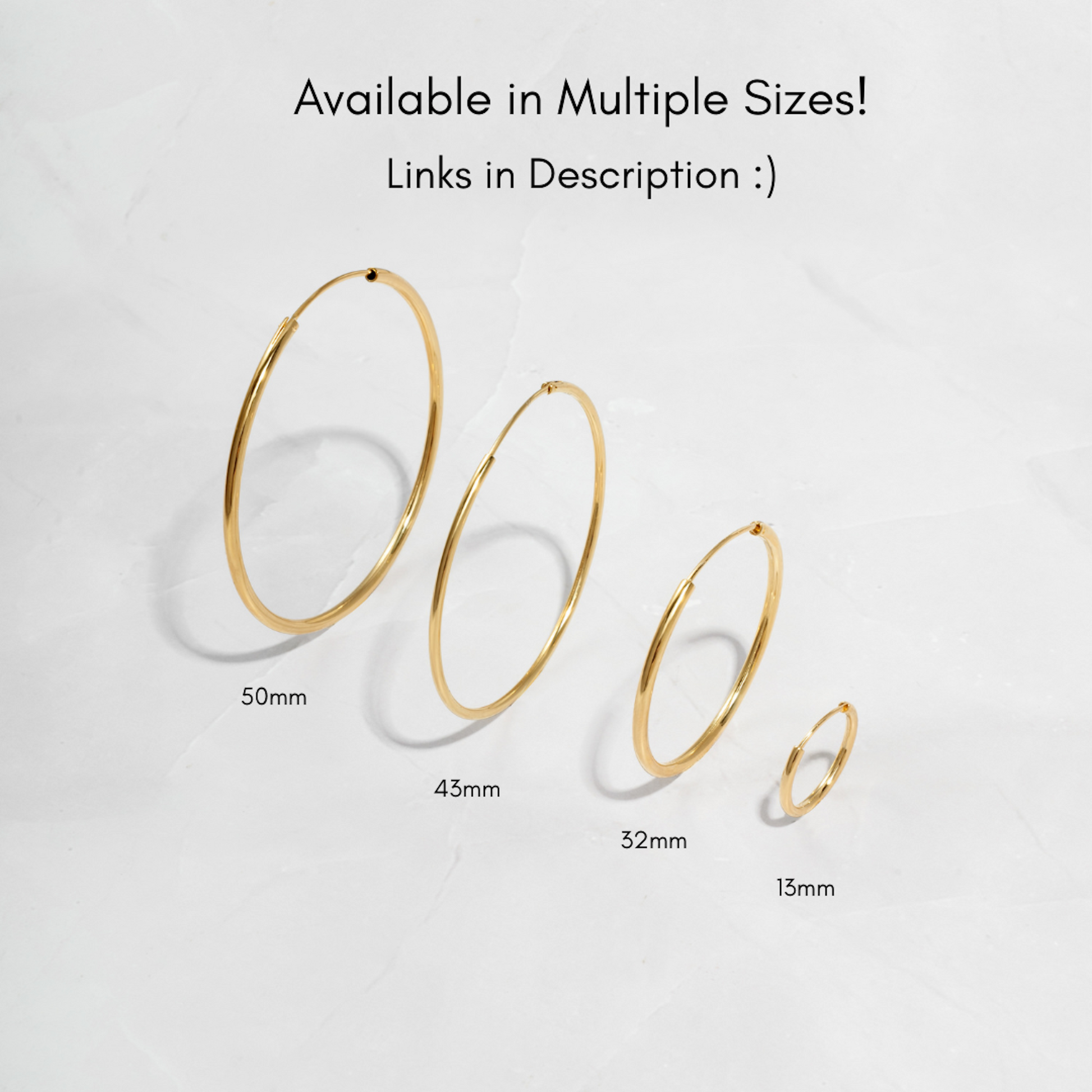infographic showcasing the different sizes available for this dainty gold hoop earring