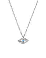 Silver necklace with an eye-shaped pendant on a white background