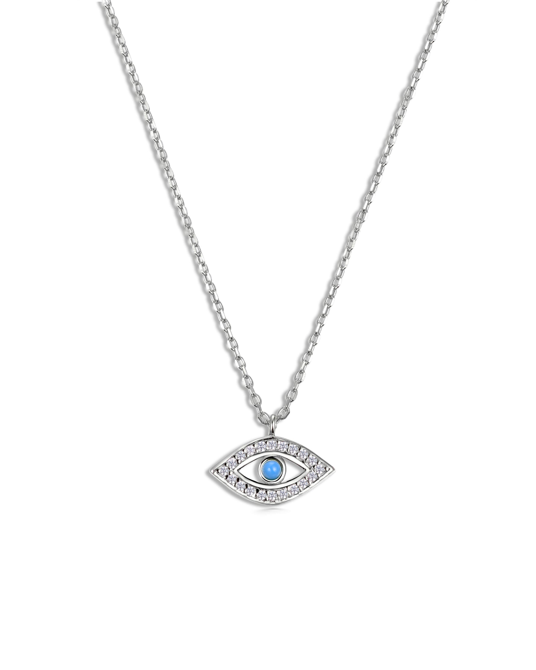 Silver necklace with an eye-shaped pendant on a white background