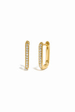 Gold pave square hoops on a white background