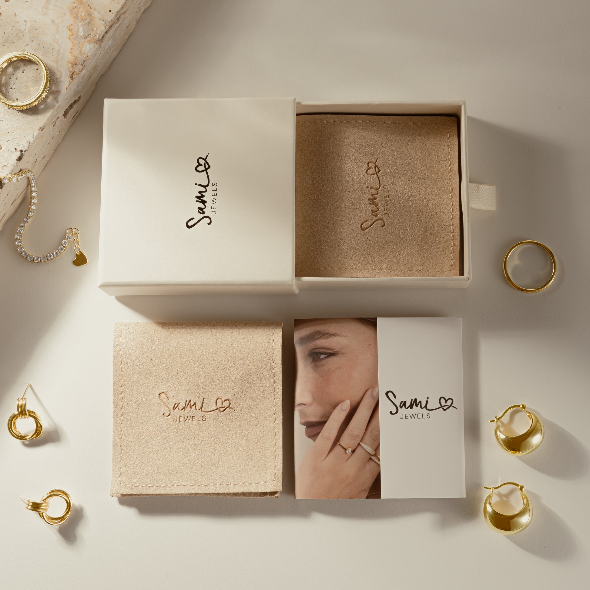 sami jewels gift boxes for diamond flower necklace and all Sami Jewels pieces. Gift boxes are high quality and come with cute suede bag.