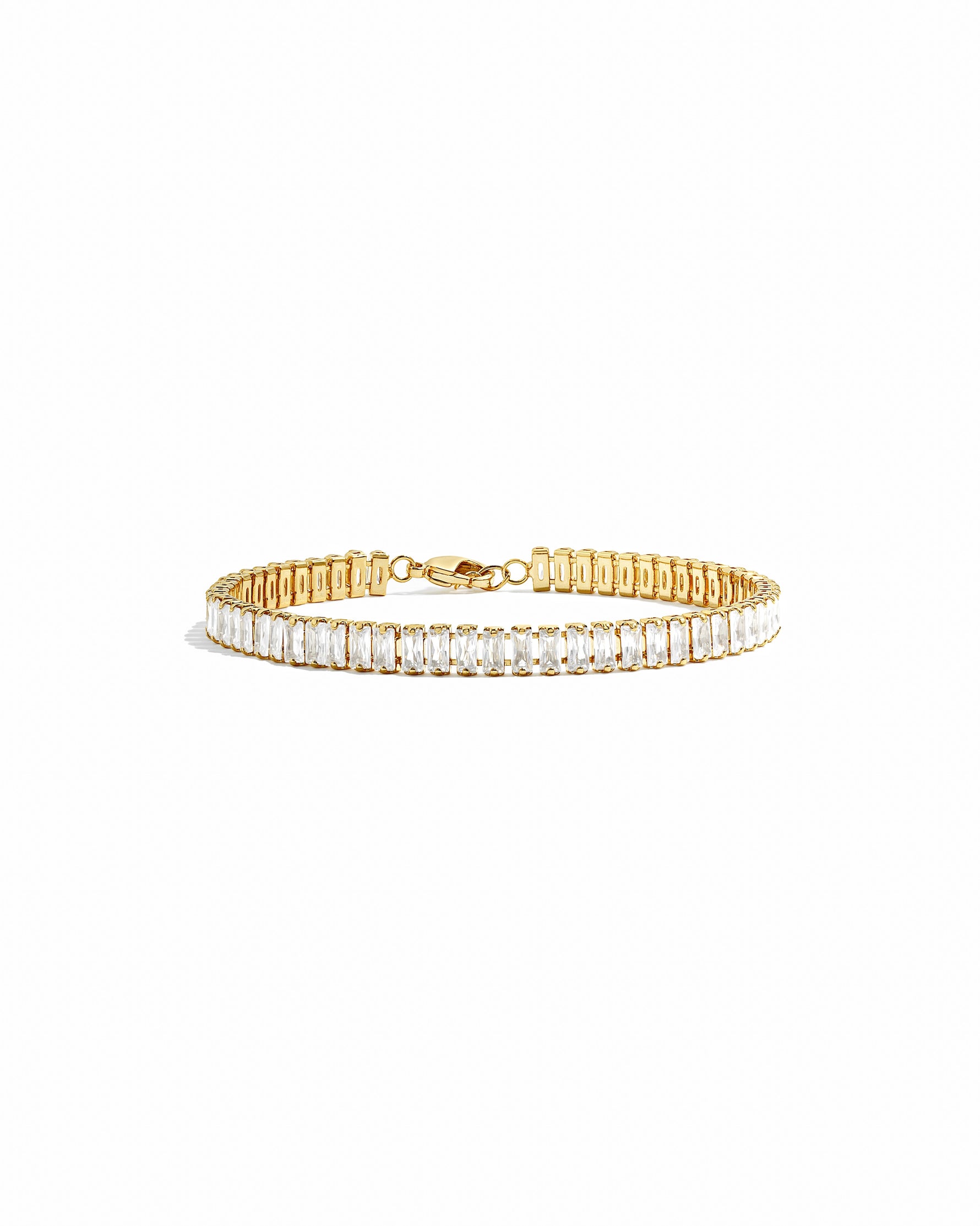 gold baguette bracelet with lobster clasp closure
