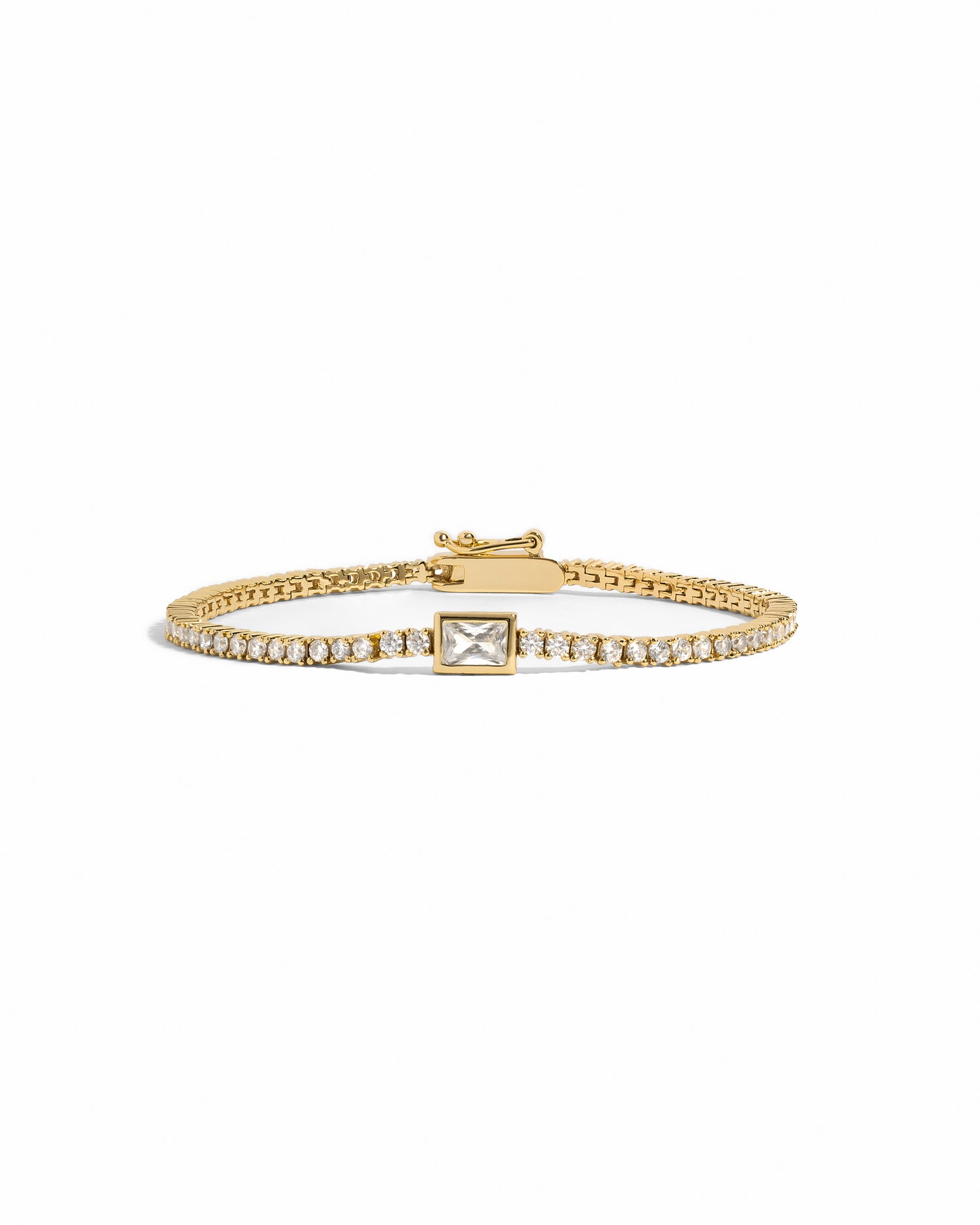 14K gold Plated High Quality Bezeled Emerald-Cut Charm Tennis Bracelet