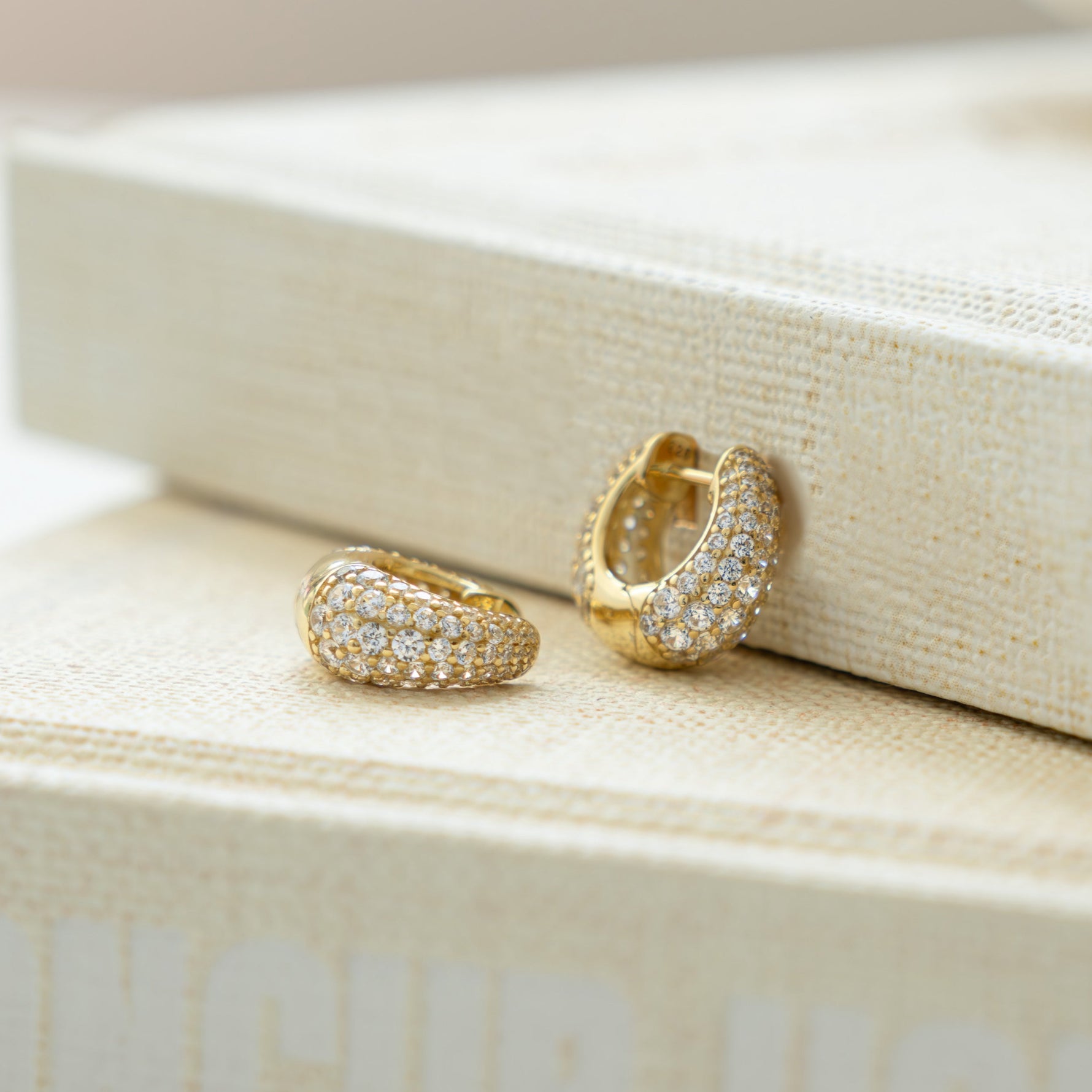 Closeup view of statement gold hoop earrings laying against book