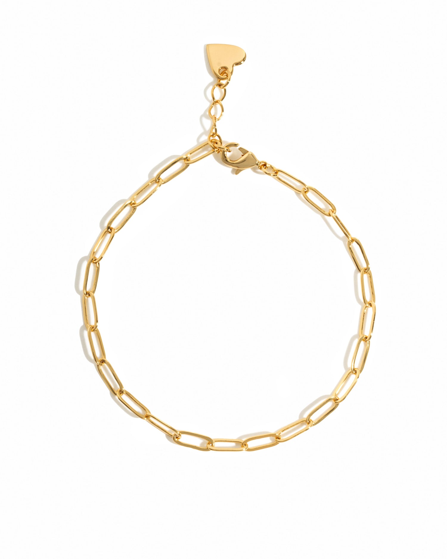 Gold paperclip chain bracelet on white background
