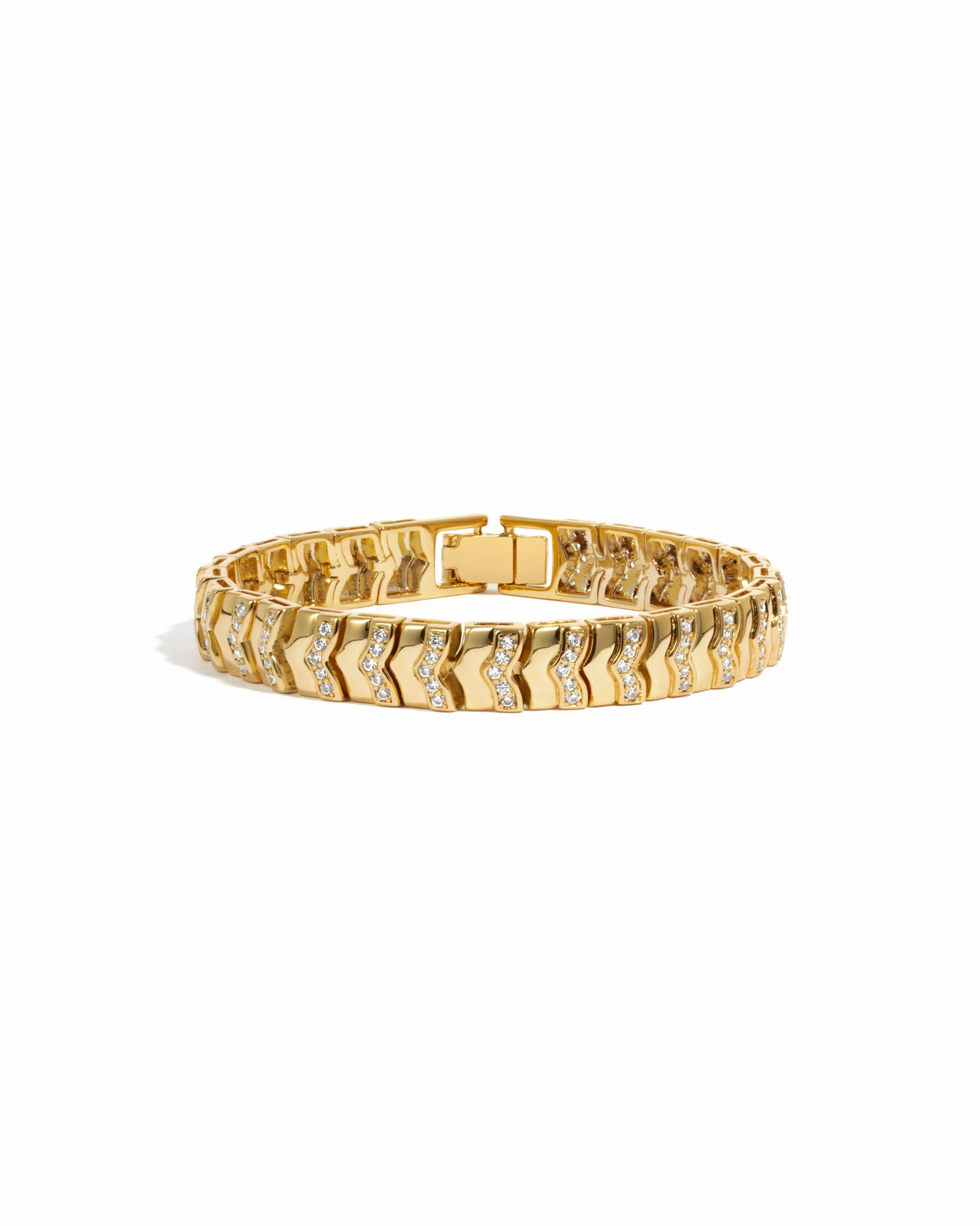 Gold stackable diamond tennis bracelet on a white background 