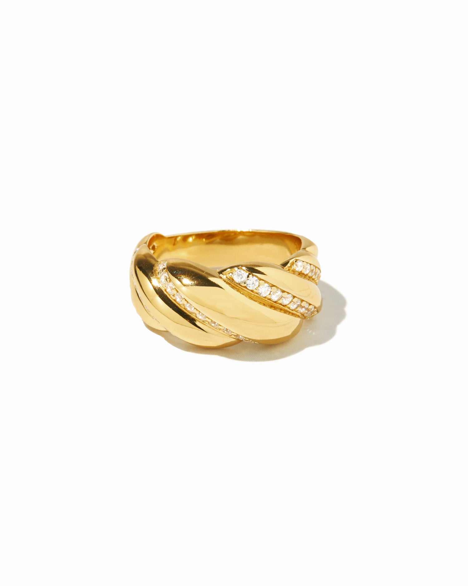 chunky gold croissant ring with cubic zirconia stones