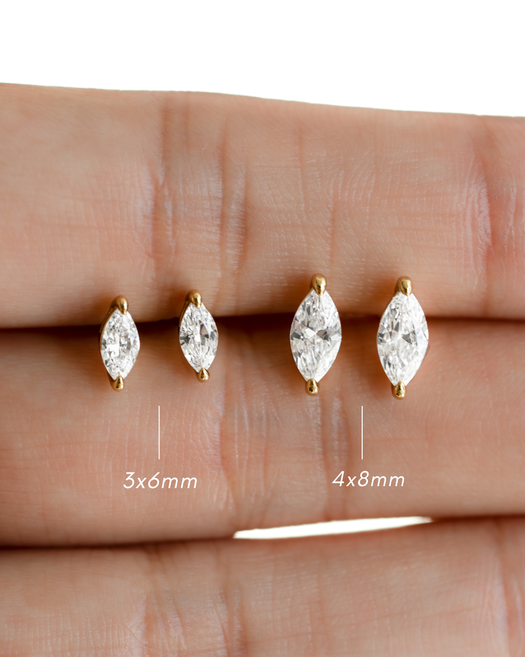 Two pairs of gold cubic zirconia earrings, dainty earring is 3x6mm and the other small stud earring is 4x8mm