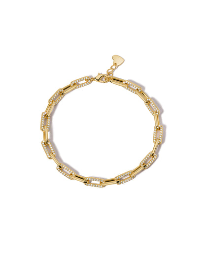 Dainty diamond paperclip bracelet featuring alternating pavé links displayed on a clean white background.